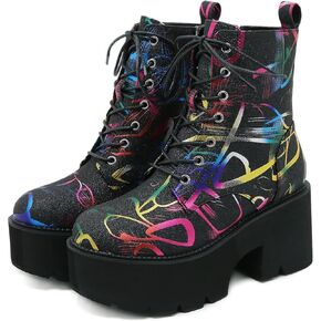 Black Platform Goth Boots for Women Sparkly Punk Ankle Chunky Boots Glitter Multicolour Motorcycle Boots