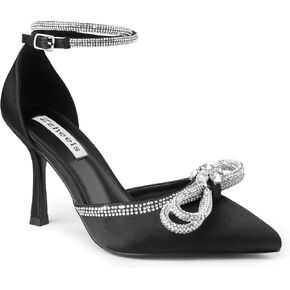 Zzheels Women's Wedding Heels Sparkly Rhinestone Stiletto Pumps Bow Heels Pointed Toe Ankle Strap High Heels Bridal Party Dress Shoes
