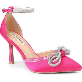 Zzheels Women's Wedding Heels Sparkly Rhinestone Stiletto Pumps Bow Heels Pointed Toe Ankle Strap High Heels Bridal Party Dress Shoes