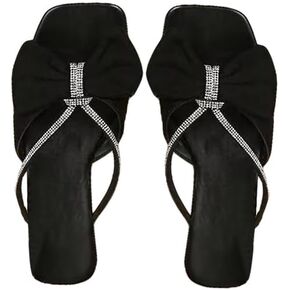 GORGLITTER Women's Bow Sandals Sparkly Rhinestone Flat sandals Open Toe Dressy Sandals