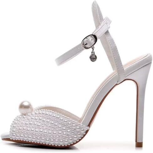Womens Pearls Wedding Sandals Open Toe Stiletto 4" Heeled Sandals Bridal Pearl High Heels for Evening Party in Kuwait