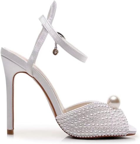 Womens Pearls Wedding Sandals Open Toe Stiletto 4" Heeled Sandals Bridal Pearl High Heels for Evening Party in Kuwait