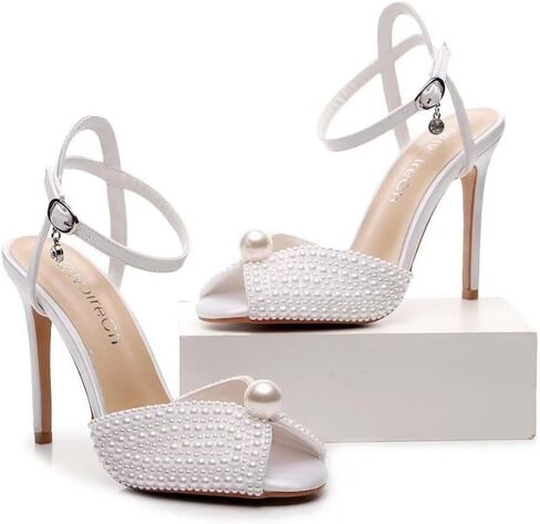 Womens Pearls Wedding Sandals Open Toe Stiletto 4" Heeled Sandals Bridal Pearl High Heels for Evening Party in Kuwait