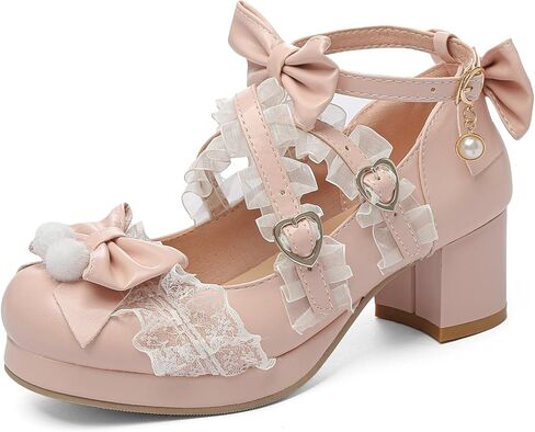 Women's Kawaii Shoes Cross Strap Pumps Cute Mary Jane Shoes | Ankle Strap Pumps,Wedding Shoes,Lace Pumps,Mid Chunky Heel Pumps,Mary Janes with Bow,Pear Pumps,Sweet Lolita Pumps in Saudi Arabia