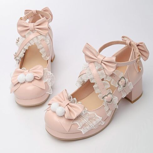 Women's Kawaii Shoes Cross Strap Pumps Cute Mary Jane Shoes | Ankle Strap Pumps,Wedding Shoes,Lace Pumps,Mid Chunky Heel Pumps,Mary Janes with Bow,Pear Pumps,Sweet Lolita Pumps in Saudi Arabia