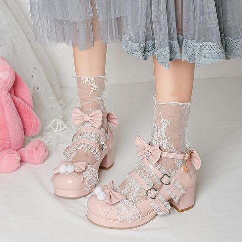 Women's Kawaii Shoes Cross Strap Pumps Cute Mary Jane Shoes | Ankle Strap Pumps,Wedding Shoes,Lace Pumps,Mid Chunky Heel Pumps,Mary Janes with Bow,Pear Pumps,Sweet Lolita Pumps in Saudi Arabia