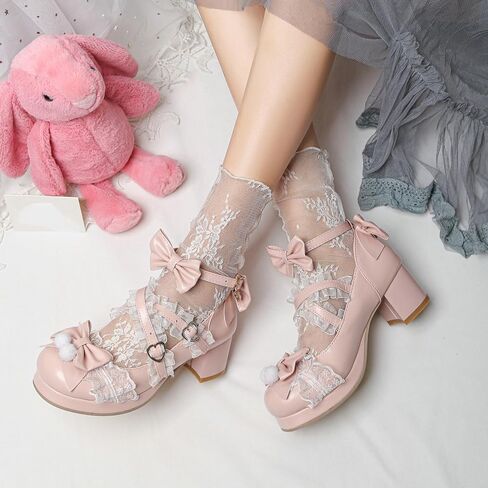 Women's Kawaii Shoes Cross Strap Pumps Cute Mary Jane Shoes | Ankle Strap Pumps,Wedding Shoes,Lace Pumps,Mid Chunky Heel Pumps,Mary Janes with Bow,Pear Pumps,Sweet Lolita Pumps in Saudi Arabia