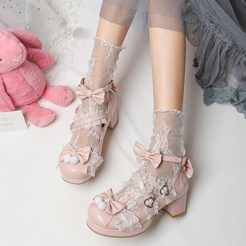 Women's Kawaii Shoes Cross Strap Pumps Cute Mary Jane Shoes | Ankle Strap Pumps,Wedding Shoes,Lace Pumps,Mid Chunky Heel Pumps,Mary Janes with Bow,Pear Pumps,Sweet Lolita Pumps in Saudi Arabia