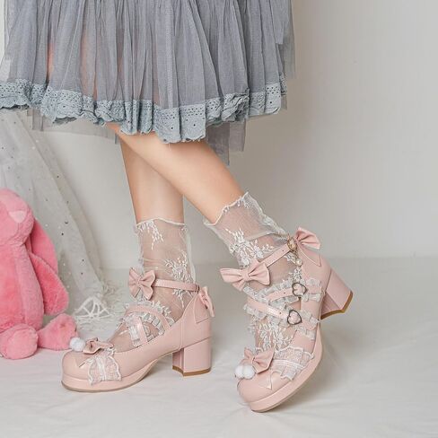 Women's Kawaii Shoes Cross Strap Pumps Cute Mary Jane Shoes | Ankle Strap Pumps,Wedding Shoes,Lace Pumps,Mid Chunky Heel Pumps,Mary Janes with Bow,Pear Pumps,Sweet Lolita Pumps in Saudi Arabia