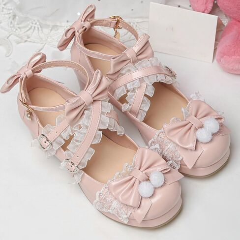 Women's Kawaii Shoes Cross Strap Pumps Cute Mary Jane Shoes | Ankle Strap Pumps,Wedding Shoes,Lace Pumps,Mid Chunky Heel Pumps,Mary Janes with Bow,Pear Pumps,Sweet Lolita Pumps in Saudi Arabia