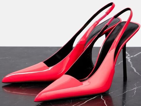 كعب Slingback للنساء بمقدمة مدببة وكعب عالٍ ستيليتو قابل للتمدد سهل الارتداء بدون ظهر مصنوع من الجلد اللامع حذاء مريح مريح in Saudi Arabia