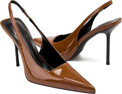 كعب Slingback للنساء بمقدمة مدببة وكعب عالٍ ستيليتو قابل للتمدد سهل الارتداء بدون ظهر مصنوع من الجلد اللامع حذاء مريح مريح in Saudi Arabia