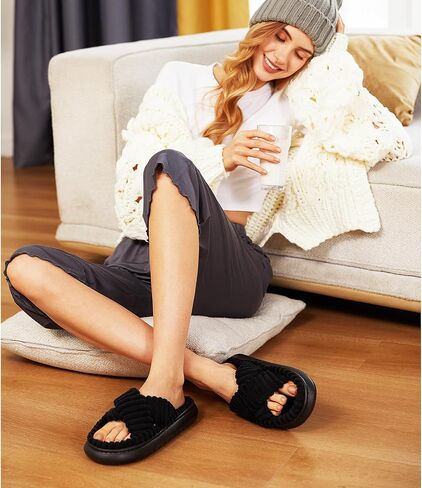 Slippers for Women Crossbands House Bedroom Slides velvet Open Toe Cozy Corduroy Fuzzy Slide Sandals Indoor Outdoor Four Seasons Cloud Slippers in Saudi Arabia
