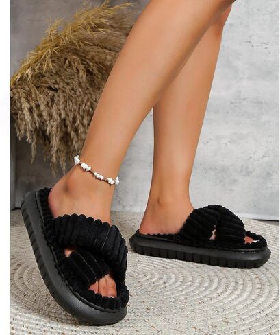 Slippers for Women Crossbands House Bedroom Slides velvet Open Toe Cozy Corduroy Fuzzy Slide Sandals Indoor Outdoor Four Seasons Cloud Slippers in Saudi Arabia