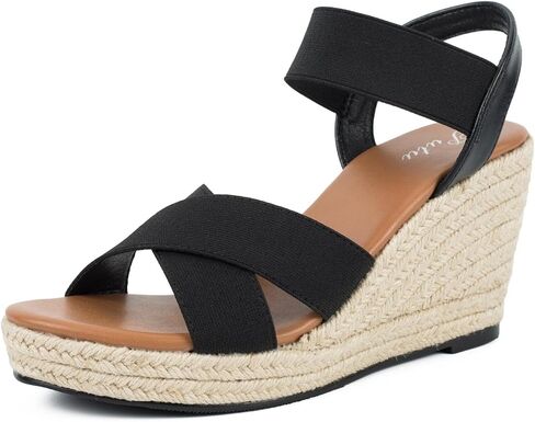 صنادل نسائية من Putu بكعب عريض وحزام كاحل مرن، صنادل منصة مفتوحة من الأمام متقاطعة، صندل بكعب عريض أسود مقاس 7.5 in Kuwait