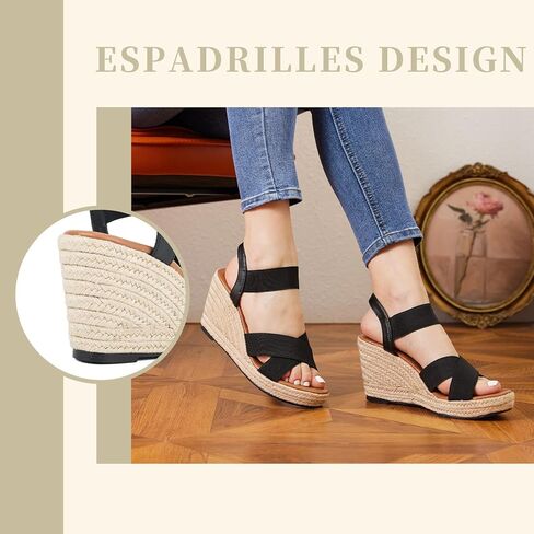 صنادل نسائية من Putu بكعب عريض وحزام كاحل مرن، صنادل منصة مفتوحة من الأمام متقاطعة، صندل بكعب عريض أسود مقاس 7.5 in Kuwait