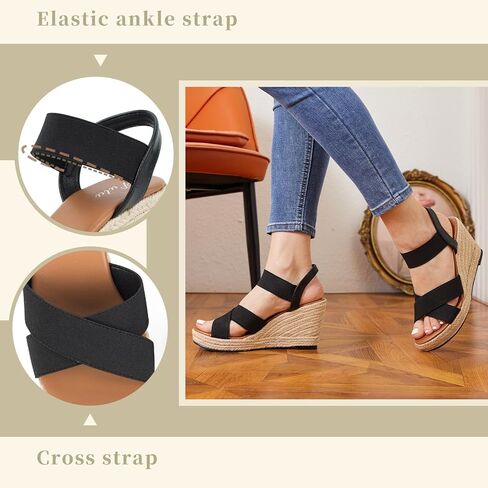 صنادل نسائية من Putu بكعب عريض وحزام كاحل مرن، صنادل منصة مفتوحة من الأمام متقاطعة، صندل بكعب عريض أسود مقاس 7.5 in Kuwait