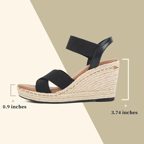 صنادل نسائية من Putu بكعب عريض وحزام كاحل مرن، صنادل منصة مفتوحة من الأمام متقاطعة، صندل بكعب عريض أسود مقاس 7.5 in Kuwait