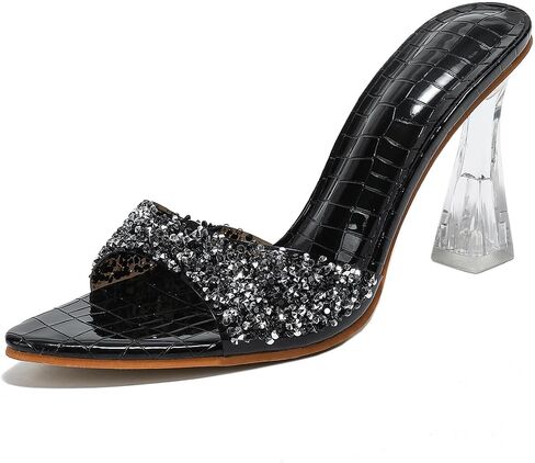 Women's Clear Kitten Heels Mule Slides Sandals Rhinestone Open Pointed Toe Dress Wedding Shoes in Saudi Arabia