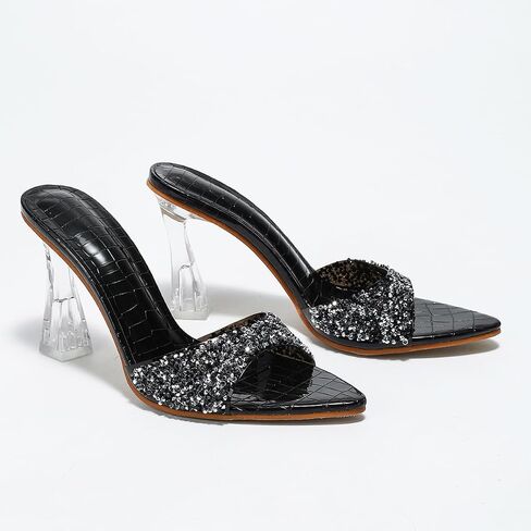 Women's Clear Kitten Heels Mule Slides Sandals Rhinestone Open Pointed Toe Dress Wedding Shoes in Saudi Arabia