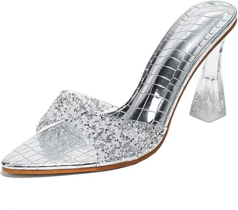 Women's Clear Kitten Heels Mule Slides Sandals Rhinestone Open Pointed Toe Dress Wedding Shoes in Saudi Arabia