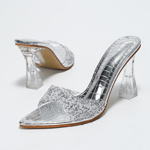 Women's Clear Kitten Heels Mule Slides Sandals Rhinestone Open Pointed Toe Dress Wedding Shoes in Saudi Arabia