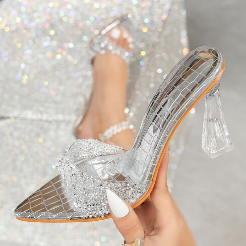 Women's Clear Kitten Heels Mule Slides Sandals Rhinestone Open Pointed Toe Dress Wedding Shoes in Saudi Arabia