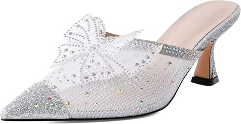 AUMOTED Women Kitten Heel Mules Rhinestone Bow Sandals Pointed Toe Heeled Mule Slip On Low Heels Slipper Glitter Mesh Wedding Bridal Shoes 2.5 Inch in Saudi Arabia