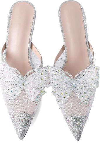 AUMOTED Women Kitten Heel Mules Rhinestone Bow Sandals Pointed Toe Heeled Mule Slip On Low Heels Slipper Glitter Mesh Wedding Bridal Shoes 2.5 Inch in Saudi Arabia