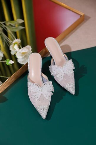 AUMOTED Women Kitten Heel Mules Rhinestone Bow Sandals Pointed Toe Heeled Mule Slip On Low Heels Slipper Glitter Mesh Wedding Bridal Shoes 2.5 Inch in Saudi Arabia