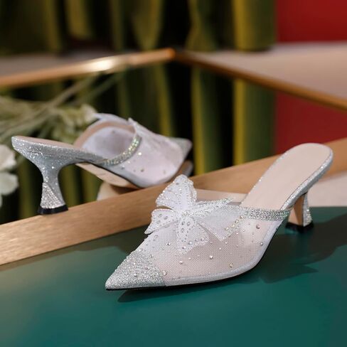 AUMOTED Women Kitten Heel Mules Rhinestone Bow Sandals Pointed Toe Heeled Mule Slip On Low Heels Slipper Glitter Mesh Wedding Bridal Shoes 2.5 Inch in Saudi Arabia