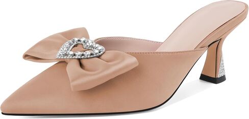 AUMOTED Women Kitten Heel Mules Rhinestone Bow Sandals Pointed Toe Heeled Mule Slip On Low Heels Slipper Glitter Mesh Wedding Bridal Shoes 2.5 Inch in Saudi Arabia