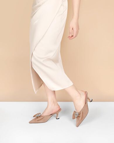 AUMOTED Women Kitten Heel Mules Rhinestone Bow Sandals Pointed Toe Heeled Mule Slip On Low Heels Slipper Glitter Mesh Wedding Bridal Shoes 2.5 Inch in Saudi Arabia