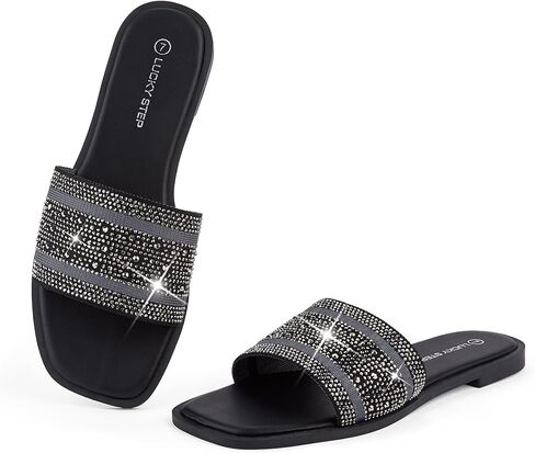 LUCKY STEP Women's Rhinestone Flat Sandals Square Open Toe Sparkly Glitter Fashion Braided Slide Sandals Summer in Saudi Arabia