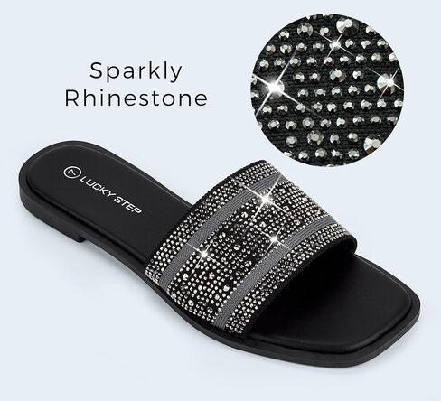 LUCKY STEP Women's Rhinestone Flat Sandals Square Open Toe Sparkly Glitter Fashion Braided Slide Sandals Summer in Saudi Arabia