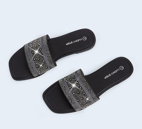 LUCKY STEP Women's Rhinestone Flat Sandals Square Open Toe Sparkly Glitter Fashion Braided Slide Sandals Summer in Saudi Arabia