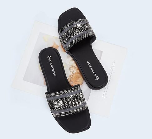 LUCKY STEP Women's Rhinestone Flat Sandals Square Open Toe Sparkly Glitter Fashion Braided Slide Sandals Summer in Saudi Arabia