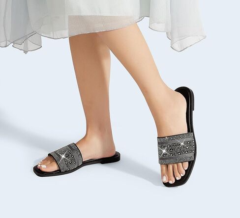 LUCKY STEP Women's Rhinestone Flat Sandals Square Open Toe Sparkly Glitter Fashion Braided Slide Sandals Summer in Saudi Arabia