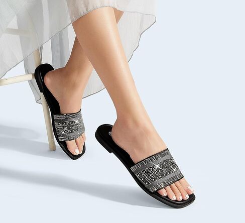 LUCKY STEP Women's Rhinestone Flat Sandals Square Open Toe Sparkly Glitter Fashion Braided Slide Sandals Summer in Saudi Arabia