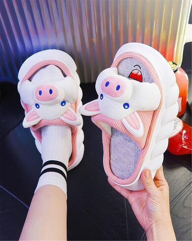 Women slippers Animal slippers Cartoon pig slippers Linen slippers at home Cute and comfortable plush slippers in Saudi Arabia