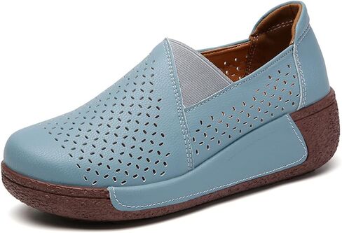 Women's Round Toe Platform Wedge Slip On Loafers, Comfortable Genuine Leather Moccasin Low Top Casual Cutout Loafers. in Kuwait