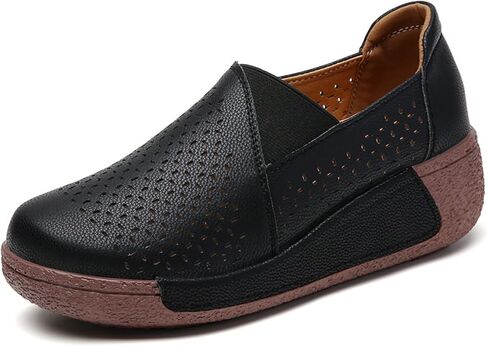 Women's Round Toe Platform Wedge Slip On Loafers, Comfortable Genuine Leather Moccasin Low Top Casual Cutout Loafers. in Kuwait