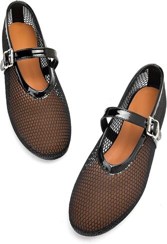 THESHY Women's Mesh Ballet Flats Comfortable Fishnet Ballerina Flats Buckle Strap Mary Jane Ballet Shoes Low Heel Casual Dress Flats for Women in Saudi Arabia