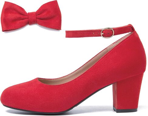 Women's Ankle Strap Pumps, Block Heel, Removable Bow, Closed Round Toe in Saudi Arabia