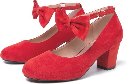 Women's Ankle Strap Pumps, Block Heel, Removable Bow, Closed Round Toe in Saudi Arabia