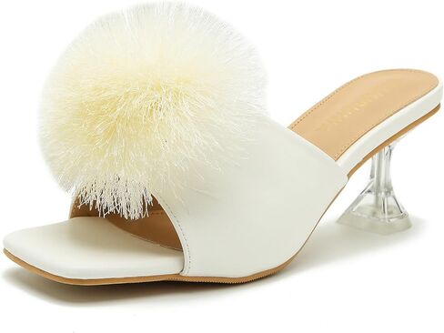 LIURUIJIA شبشب نسائي منفوش من ريش بوم بوم بكعب مفتوح عند الأصابع وكعب عالٍ وكعب منتفخ وحفلات الزفاف وصنادل غامضة للنساء in Kuwait