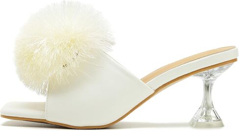 LIURUIJIA شبشب نسائي منفوش من ريش بوم بوم بكعب مفتوح عند الأصابع وكعب عالٍ وكعب منتفخ وحفلات الزفاف وصنادل غامضة للنساء in Kuwait