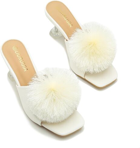 LIURUIJIA شبشب نسائي منفوش من ريش بوم بوم بكعب مفتوح عند الأصابع وكعب عالٍ وكعب منتفخ وحفلات الزفاف وصنادل غامضة للنساء in Kuwait