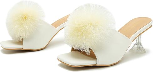 LIURUIJIA شبشب نسائي منفوش من ريش بوم بوم بكعب مفتوح عند الأصابع وكعب عالٍ وكعب منتفخ وحفلات الزفاف وصنادل غامضة للنساء in Kuwait