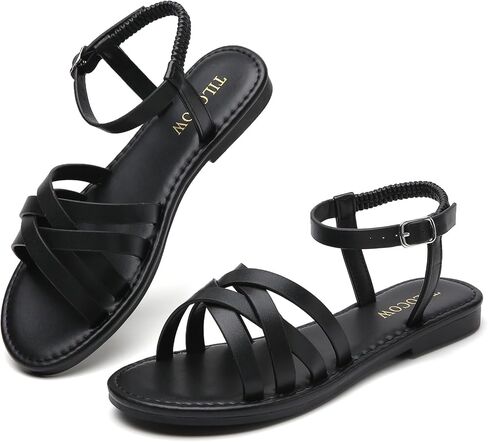 صنادل نسائية مسطحة منسوجة من Tilocow بمقدمة مستديرة بإبزيم منزلق أحذية كاجوال بأشرطة متقاطعة لفصل الصيف in Kuwait